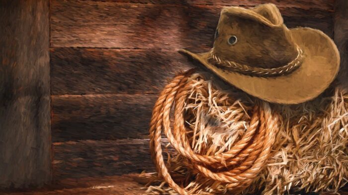 cowboy hat and lasso on hay bale