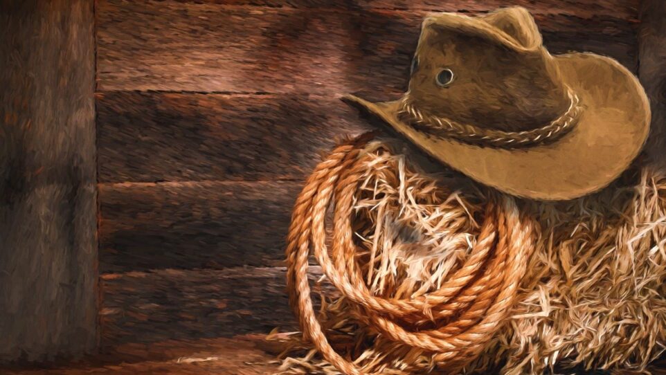 cowboy hat and lasso on hay bale