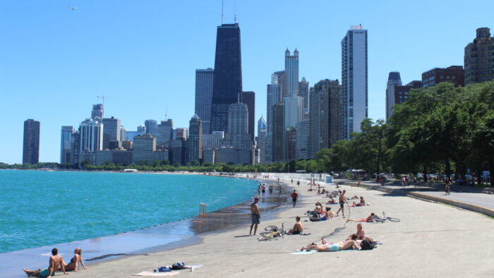 beach with Chicago skyline in the background