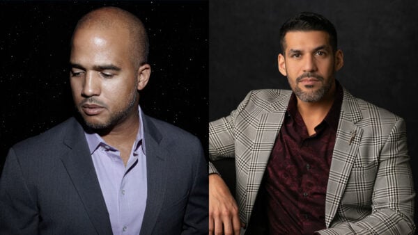 composite image of photo portraits of two composers: DBR on the left and Jimmy López Bellido on the right