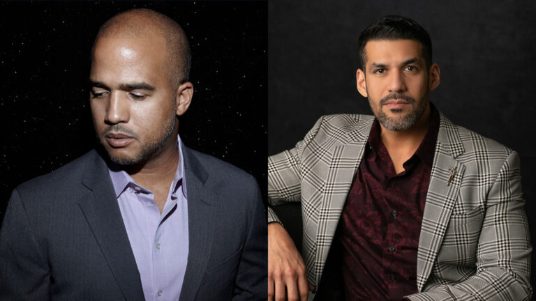 composite image of photo portraits of two composers: DBR on the left and Jimmy López Bellido on the right
