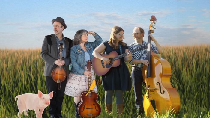 four musicians stand in a field