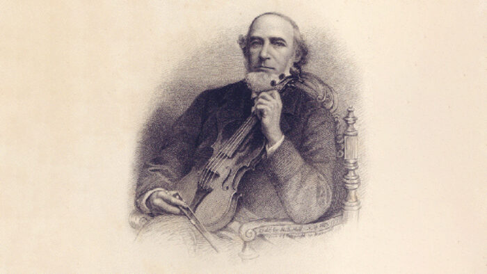 etching of 19th century man in formal dress holds violin in chair