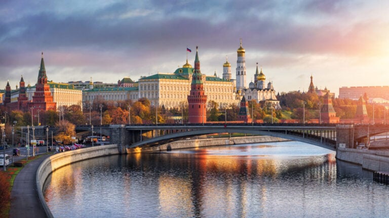 A strikign view of Moscow buildings reflected in a river