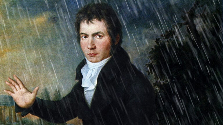 Beethoven looking angry, with ominous raindrops superimposed