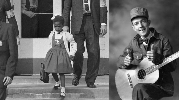 split screen of 6 year old Ruby Bridges and Jimmie Rodges with guitar
