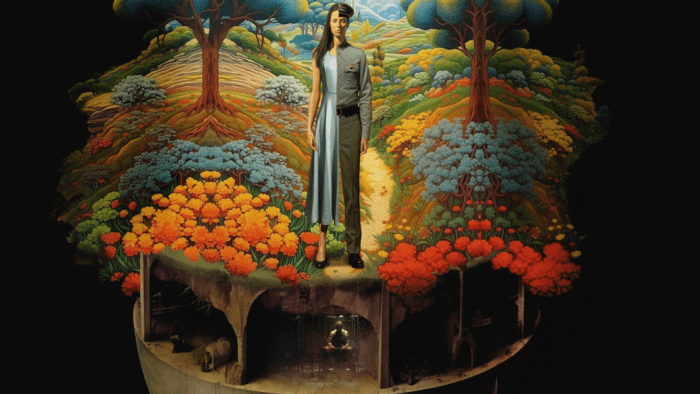Poster for Chicago Opera Theater's "Leonora." A painting of a woman who is split down the middle with a more traditionally feminine appearance on the left and dressed as a police officer on the right standing in a forest which shows an underground jail cell where a man is in solitary confinement..
