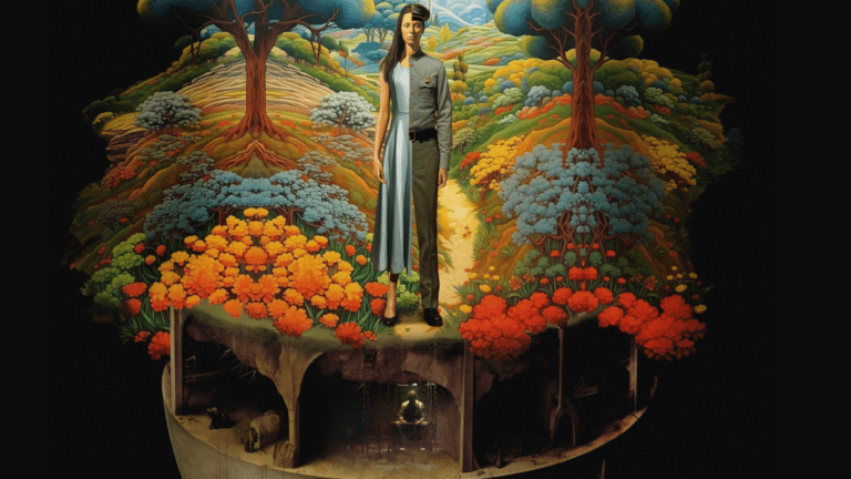 Poster for Chicago Opera Theater's "Leonora." A painting of a woman who is split down the middle with a more traditionally feminine appearance on the left and dressed as a police officer on the right standing in a forest which shows an underground jail cell where a man is in solitary confinement..