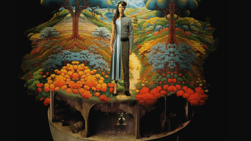 Poster for Chicago Opera Theater's "Leonora." A painting of a woman who is split down the middle with a more traditionally feminine appearance on the left and dressed as a police officer on the right standing in a forest which shows an underground jail cell where a man is in solitary confinement..