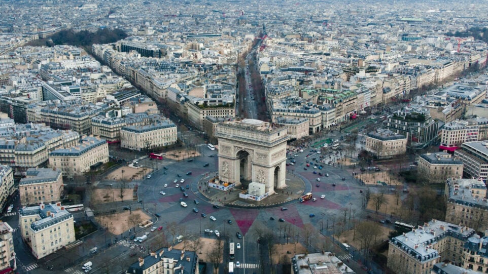 An aerial view of the Arc de Triomphe