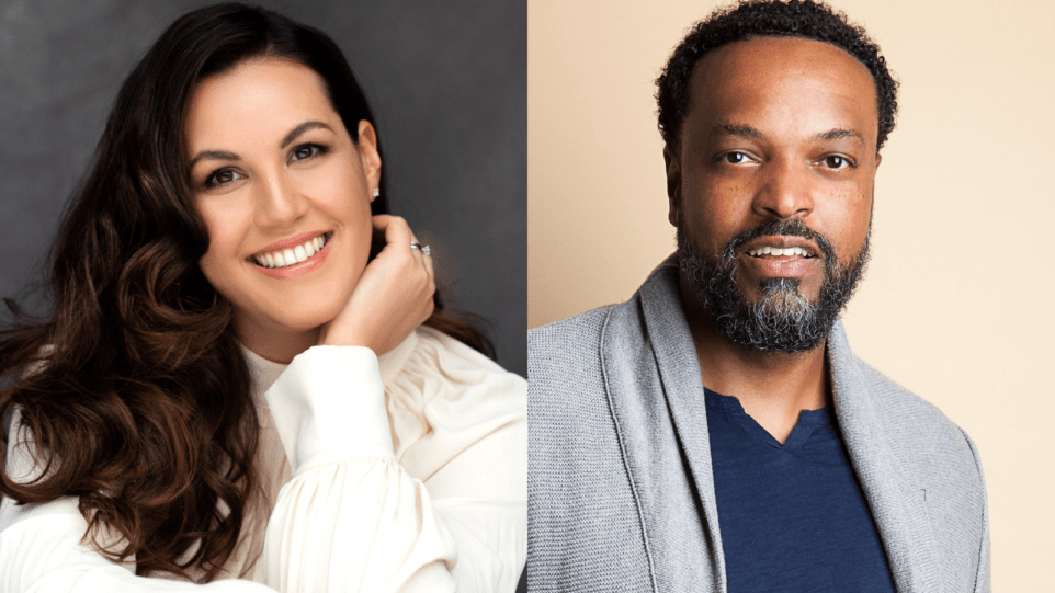 Two portraits: On left, Federica Lombardi. long brown hair creating contrast with her cream-colored, ruffled blouse, left hand under left cheek. On right, Kenneth Kellogg in a grey cardigan sweater, navy blue t shirt, sand-colored background.