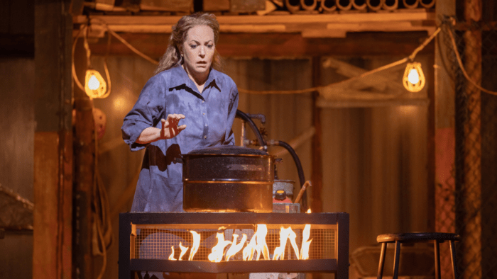 Lise Lindstrom as the Dyer's Wife hesitantly approaching a pot on a spartan stove, visible flame underneath, in an apocalyptic, industrial home.