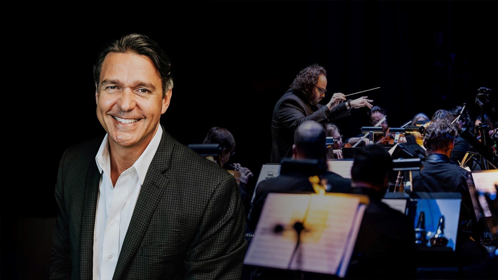 Nathan Gunn headshot with image of an orchestra and conductor