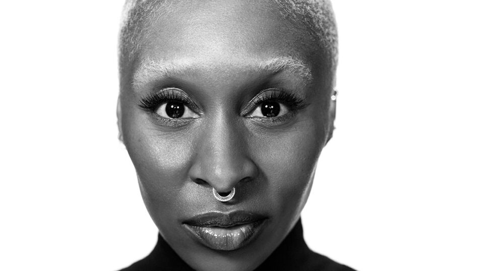 Closeup black and white photo of Cynthia Erivo