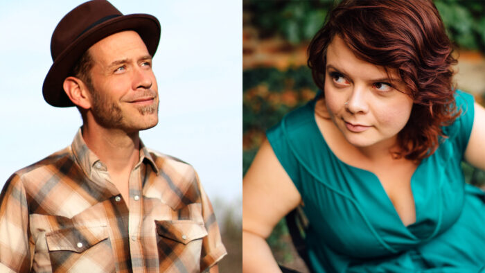 (L to R) man in a hat looks right, woman in green dress looks left