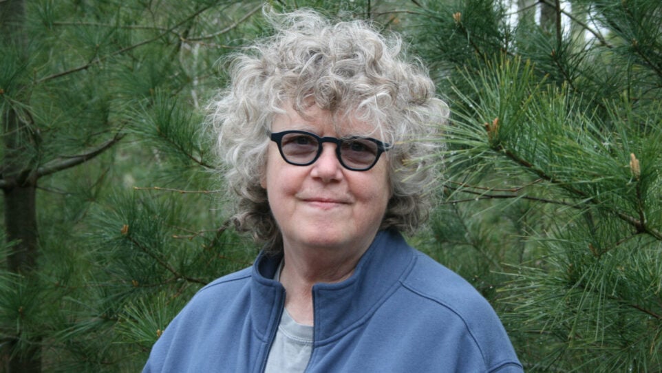 gray haired woman in glasses looks into camera
