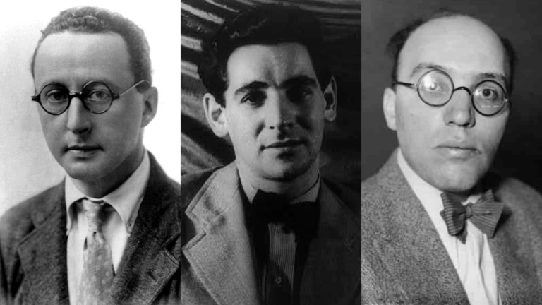 Collage of three black and white portraits of (from left to right) Jerome Kern, Leonard Bernstein, and Kurt Weill