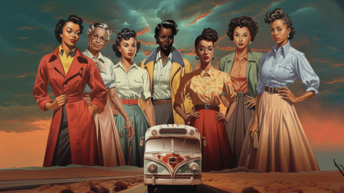 Painting depicting seven Black women from the Civil Rights era towering over a bus.