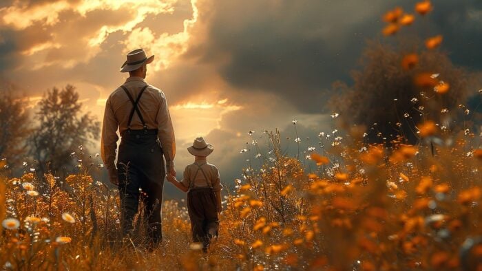 father and child in farmer's garb walking on a flowered path