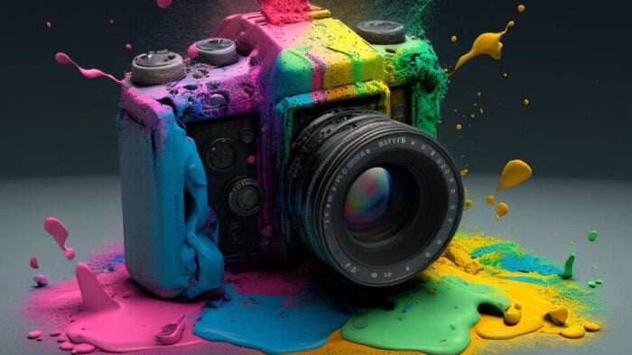 camera splashed with colorful paint