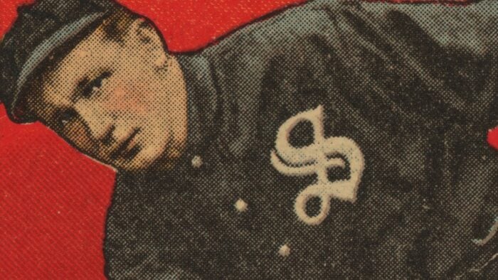 closeup image from early 20th century white sox player baseball card.