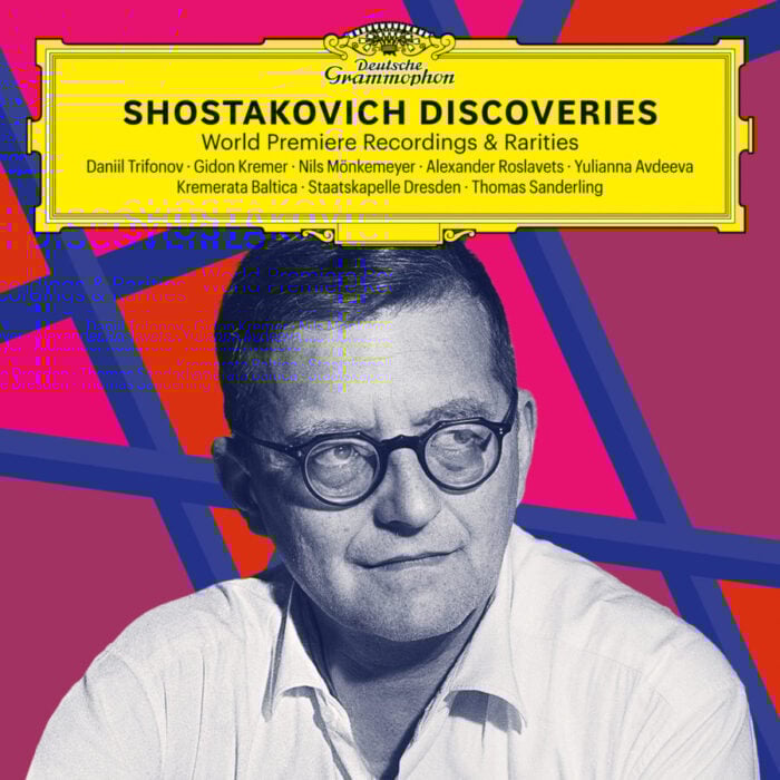 portrait of dmitri shostakovich imposed on geometric background