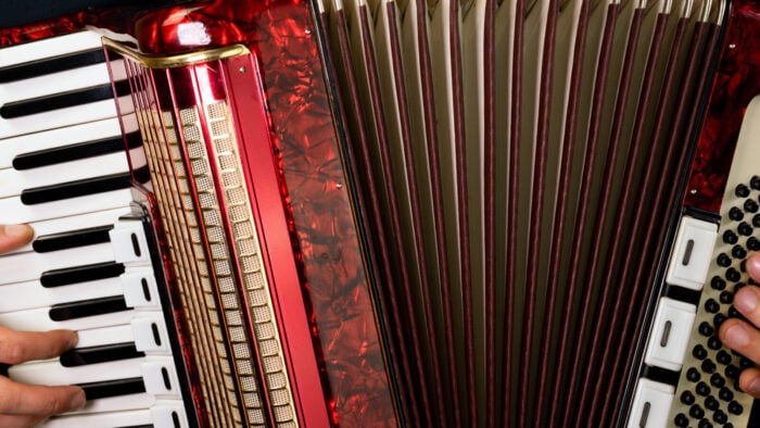 closeup of a red accordion