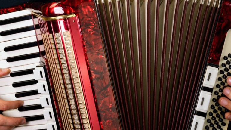 closeup of a red accordion