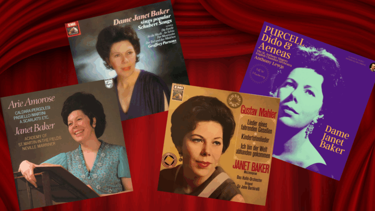 Collage of four vintage album covers featuring Janet Baker with red curtain as background: "Janet Baker sings Popular Schubert Songs;" "Arie Amorose;" "Gustav Mahler [orchestral song cycles];" and "Purcell: Dido & Aeneas."