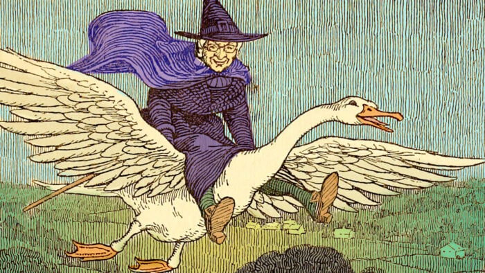 image of mother goose riding on top of goose in flight