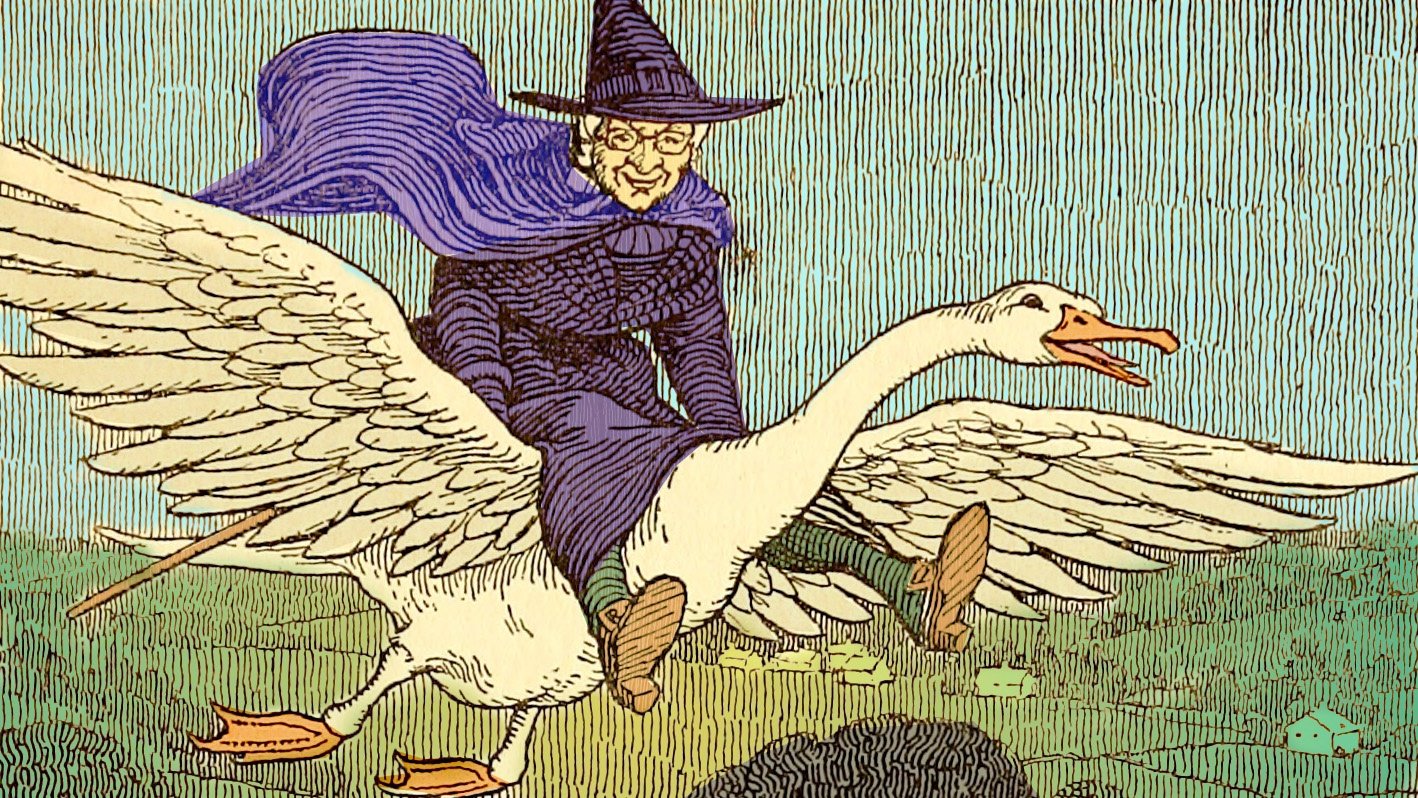 image of mother goose riding on top of goose in flight