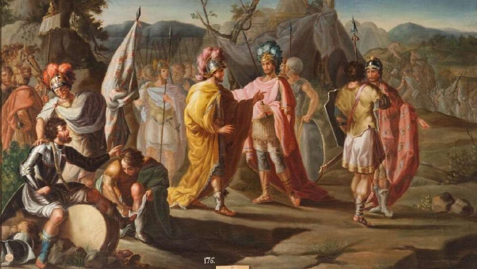 The work depicts the Carthaginian general Hannibal crossing the Alps on his way to Italy from Hispania for the meeting between two Roman leaders.