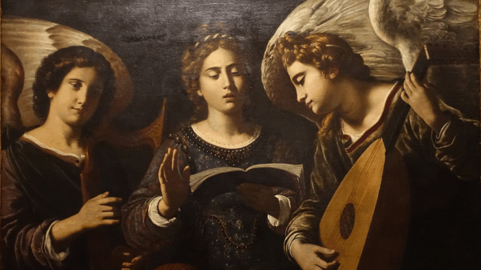 Saint Cecilia and two Angels Musicians painting by Antiveduto Grammatica featuring three winged musicians: one playing a lyre (left)), another singing from a book (center), and the third playing al lute looking over the shoulder of the singer (right).