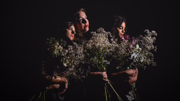 Three young brunettes, the three sopranos of La Néréide, each looking pensively and wistfully into the distance, each holding a gathering of long-stemmed wildflowers.