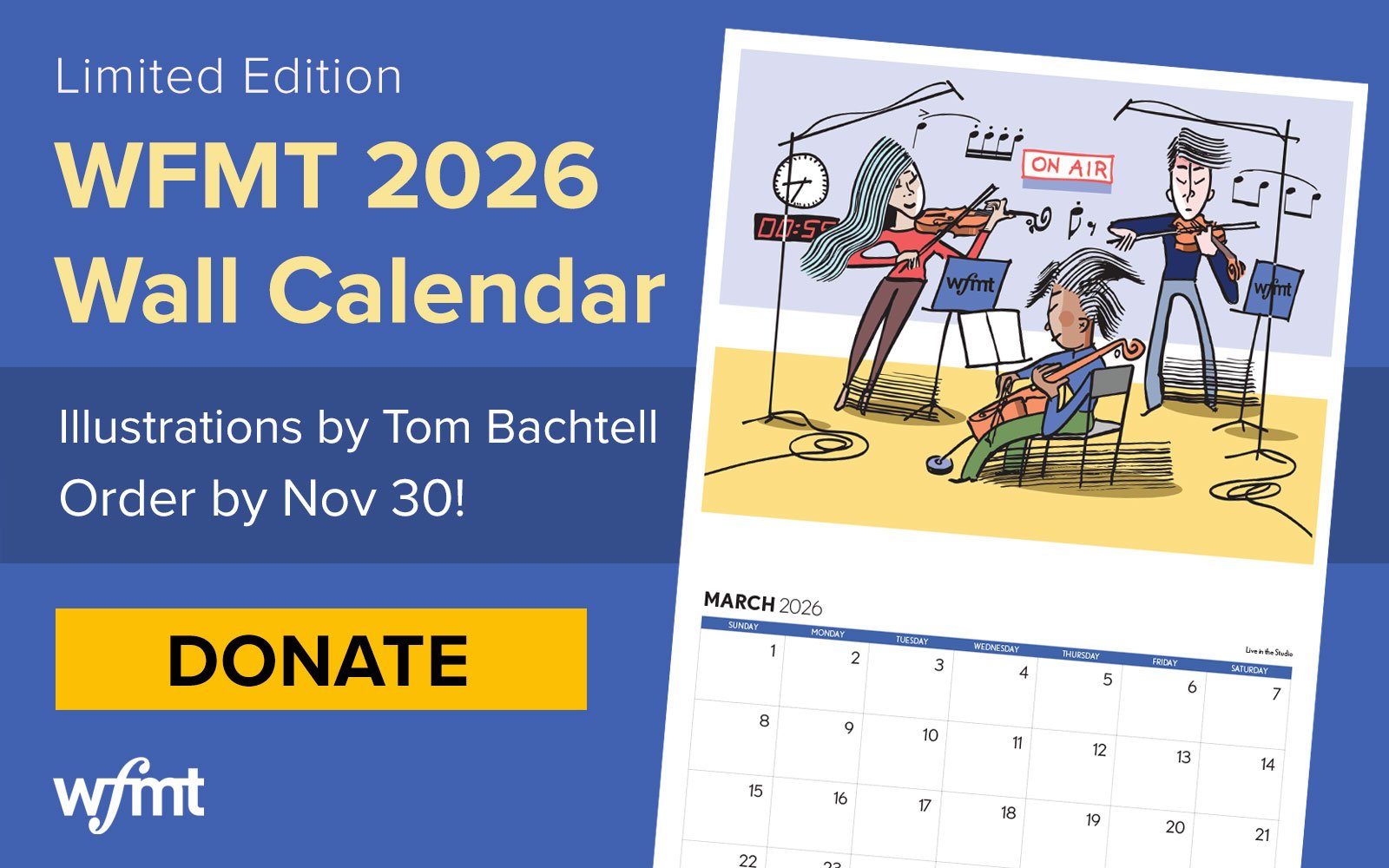 Limited Edition WFMT 2026 Wall Calendar with Illustrations by Tom Bachtell. Order by Nov 30!