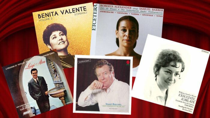 Collage of five solo albums in front of red curtain, left to right: Luigi Alva Spanish and Latin American Songs; Benita Valentel Soprano Vol. 2; Stuart Burrows Welsh songs; Roberrta Alexander sings Samuel Barber, and Edith Mathis Exsultate Jubilate.