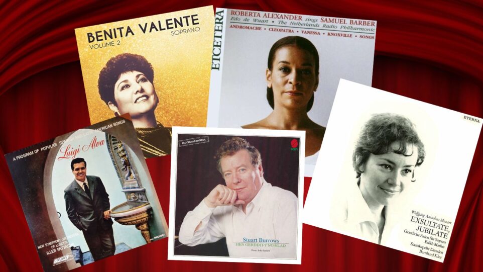 Collage of five solo albums in front of red curtain, left to right: Luigi Alva Spanish and Latin American Songs; Benita Valentel Soprano Vol. 2; Stuart Burrows Welsh songs; Roberrta Alexander sings Samuel Barber, and Edith Mathis Exsultate Jubilate.