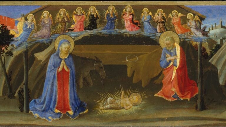 Mary, Jesus and Joseph in a stable with a donkey, watched over by eleven angels