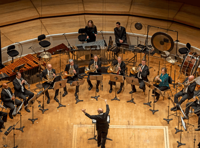 Members of the Chicago Symphony Orchestra Brass perform onstage