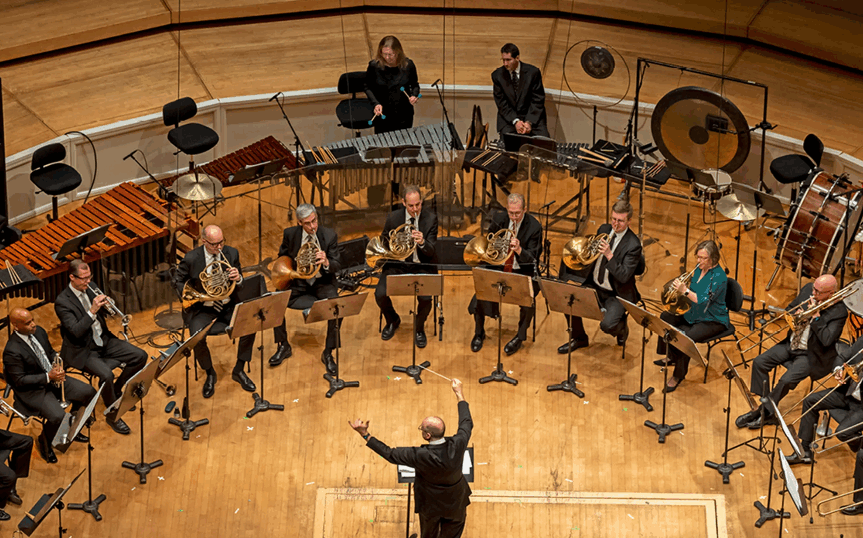 Members of the Chicago Symphony Orchestra Brass perform onstage