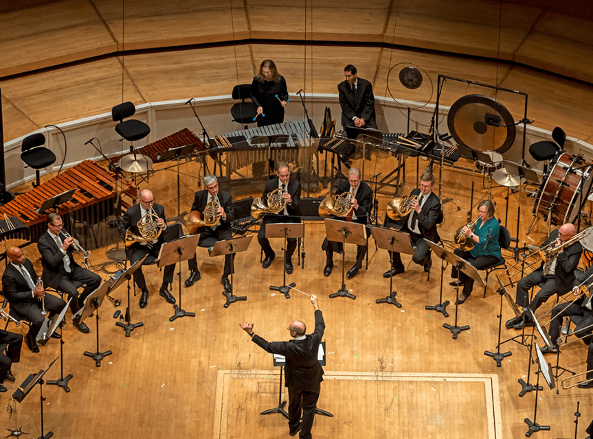 Members of the Chicago Symphony Orchestra Brass perform onstage