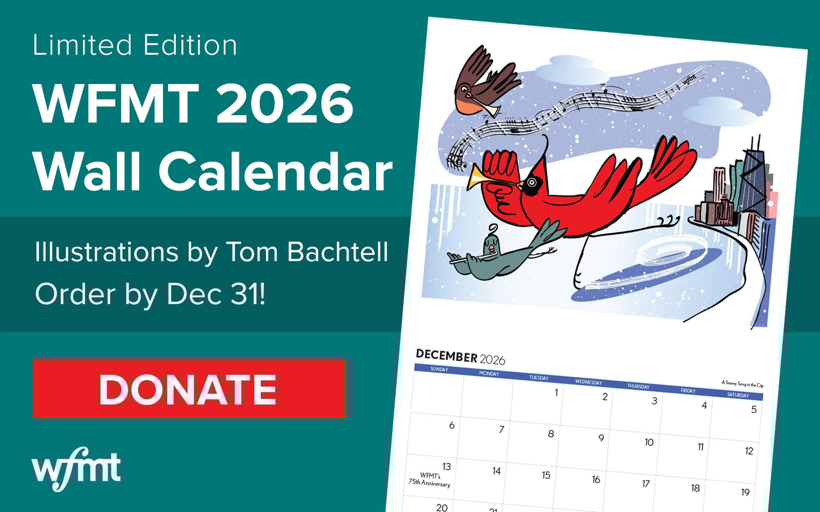 Limited Edition WFMT 2026 Wall Calendar with Illustrations by Tom Bachtell. Order now!