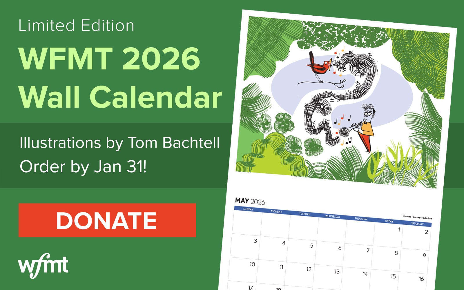 Limited Edition WFMT 2026 Wall Calendar with Illustrations by Tom Bachtell. Order now!