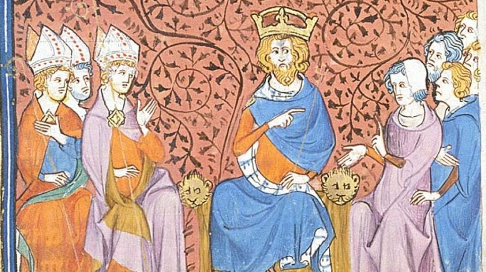 a king on his throne hears advice from bishops and monks