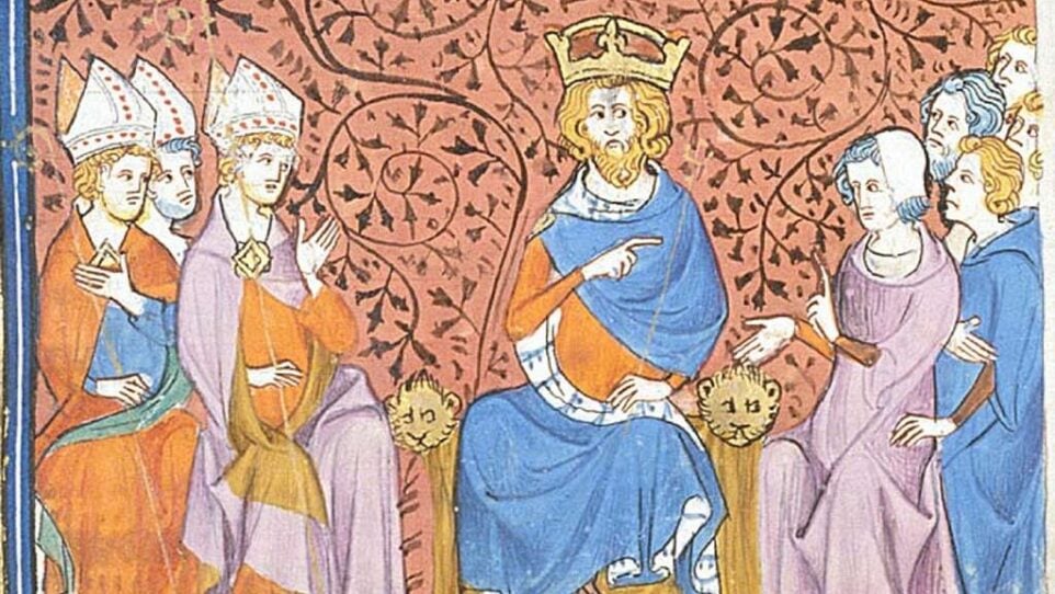 a king on his throne hears advice from bishops and monks