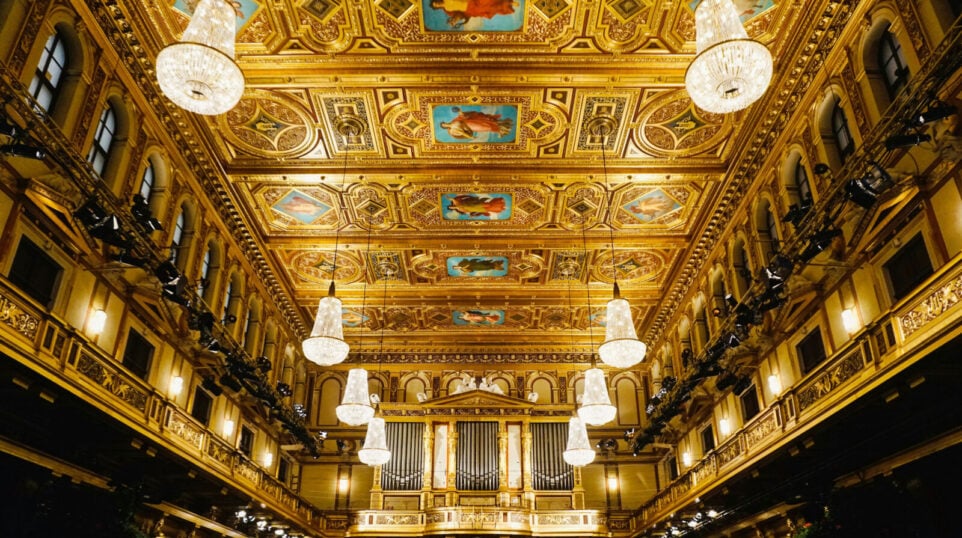 A golden ceiling of a Great Music Hall