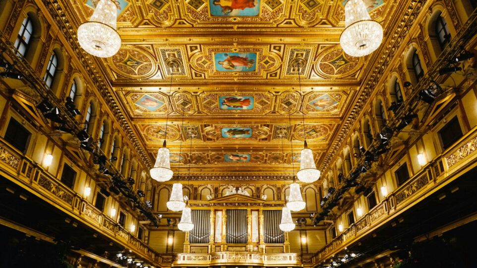 A golden ceiling of a Great Music Hall