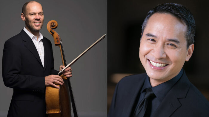 Cellist Brant Taylor (photo by Albert Comper) and pianist Kuang-Hao Huang (photo by Elliot Mandel)