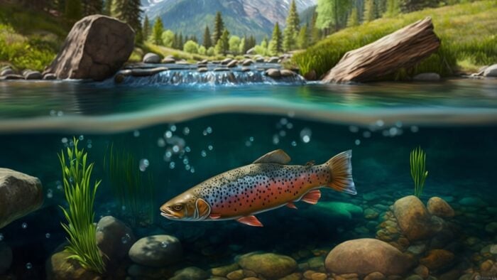image of rainbow trout underwater in a mountain stream