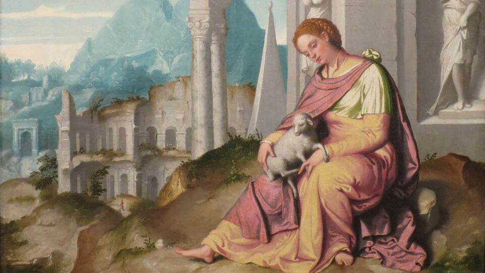 a young girl of 12 or 13 dressed in clothing from the 4rth century, sits on a hillside holding a baby lamb
